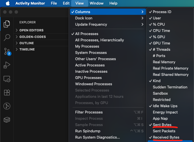Enable Recvd and Sent Bytes columns